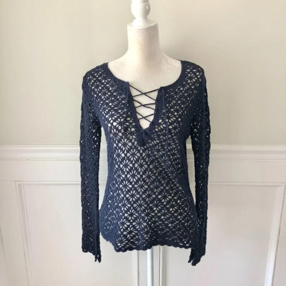 Navy Crochet Lace Up Long Sleeve Top S